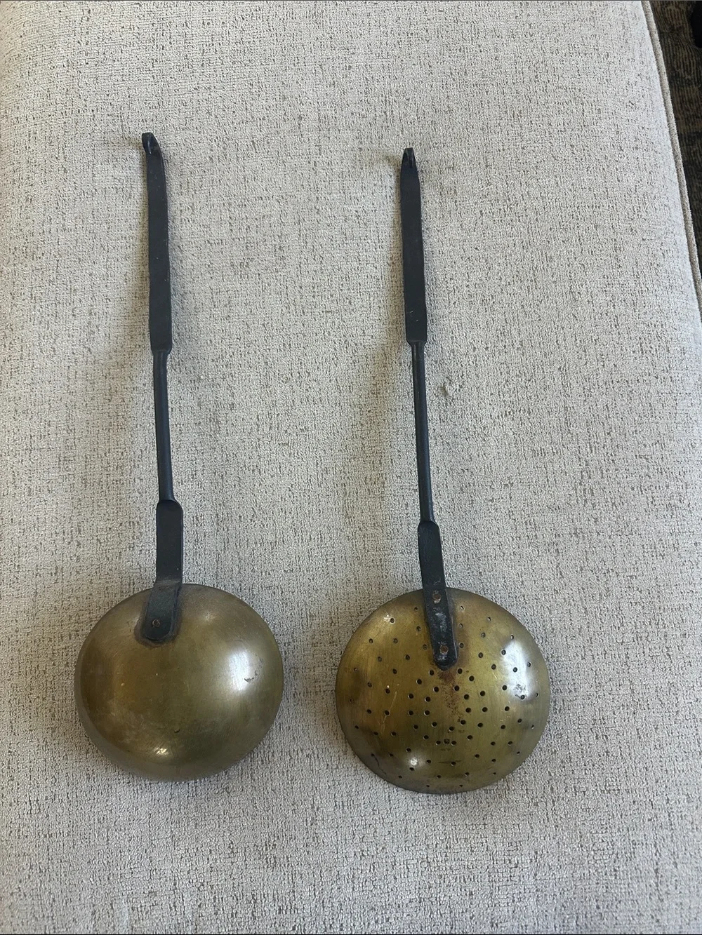 Authentic 19th Century Hand-Forged Brass & Iron Hearth Utensil Set